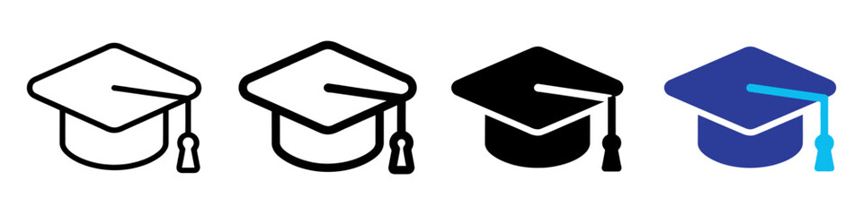 Graduation cap icon set, academic mortarboard vector collection, 4 education hats in outline and solid styles © mdHittu