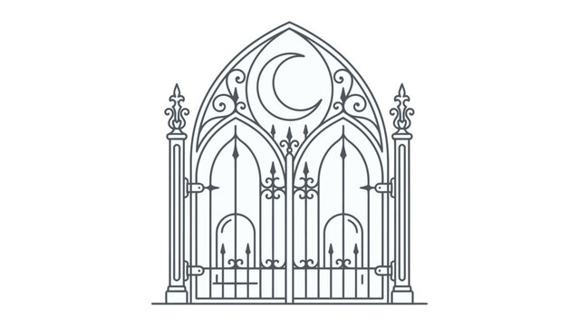 Gothic Arch Gate with Crescent Moon: A stylized illustration depicts a grand, ornate gothic arch gate featuring decorative ironwork and a prominent crescent moon emblem.