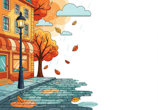 A city street with wet cobblestones after the rain, autumn trees with orange foliage, and a vintage street lamp. Illustration with copy space.