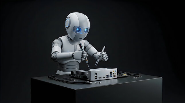 Robot Assembling a Desktop Workstation with Precision Tools on a Dark Surface. Automation Concept. and Assembly