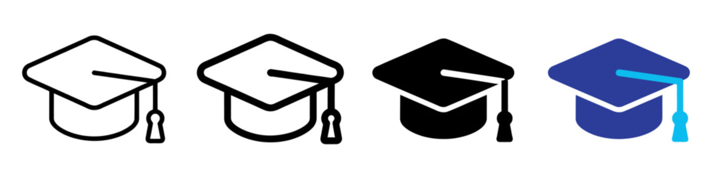 Graduation cap icon set, academic mortarboard vector collection, 4 education hats in outline and solid styles