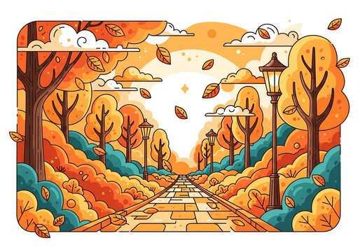 Golden alley in park with falling leaves under a soft autumn sun with classic street lamps. This scenic graphic is used for seasonal park promotions and autumn nature backgrounds.