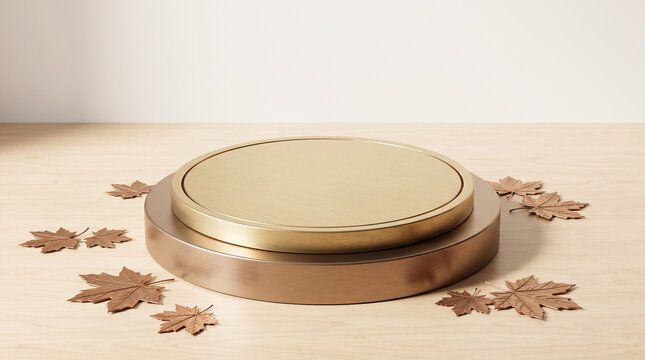 Luxury brushed gold and bronze two tier cylinder podium surrounded by metallic copper maple leaves on light wood table background, 3d render.