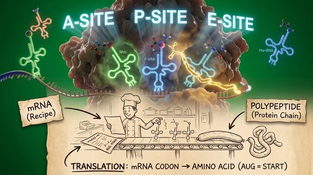 Ribosome translating mRNA into protein chain biological process diagram