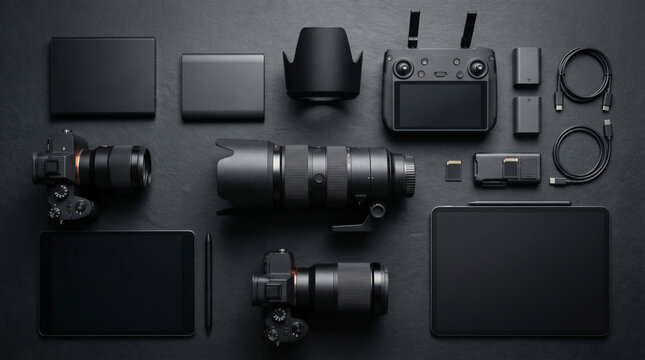 Professional photography gear laid out on dark slate surface. Cameras, lenses, drone controller, tablets and accessories. Photojournalism, content creation, advertising.