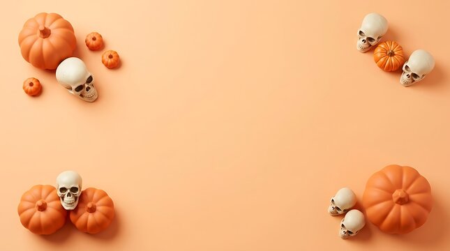 A festive halloween arrangement featuring pumpkins and skulls against a warm inviting and seasonally appropriate peach colored backdrop