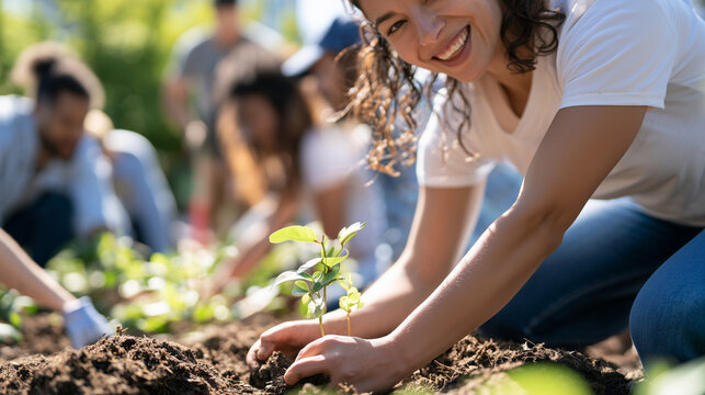 Happy Volunteers Planting Small Trees Together Celebrating International Volunteer Day