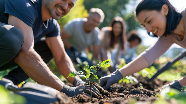 Diverse Group of People Planting Trees Together for International Volunteer Day Community Action