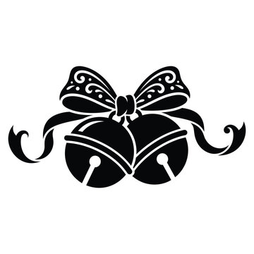 Pair of jingle bells tied together with a decorative ribbon bow, black silhouette icon.