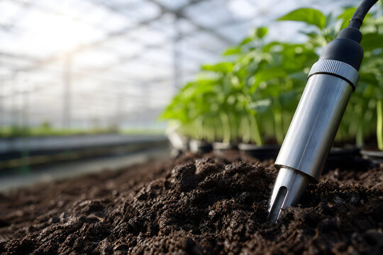 Digital soil ph meter probe testing soil quality close up blurry greenhouse background smart farming technology space