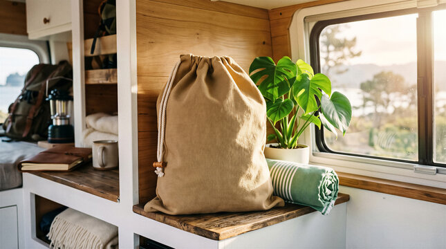Canvas bag resting on wooden counter inside camper van. Plant, rolled towel, mug, lantern, backpack visible. Travel, adventure, minimalist living.
