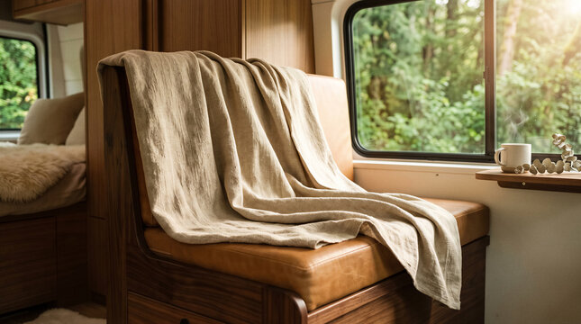 Cozy blanket draped over leather seat inside camper van. Forest view through window, steaming mug on sill. Travel lifestyle, road trip, adventure.