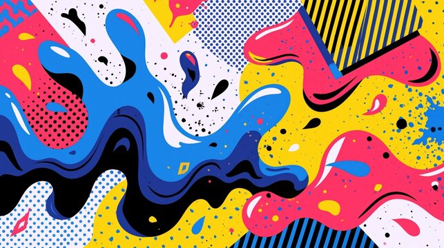 Vibrant splashes of colorful liquid combine with playful geometric patterns to create a dynamic artistic composition that expresses pure creative energy within this lively and energetic visual