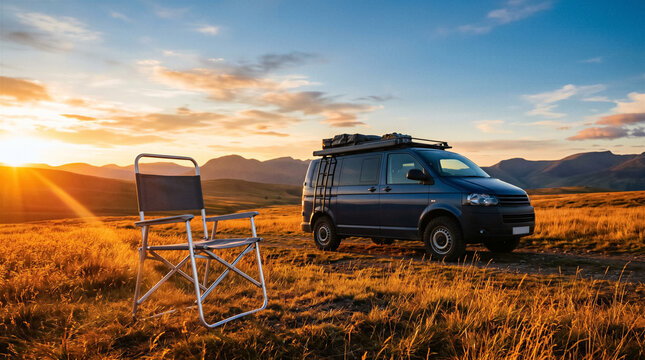 Van parked in open field at sunset with camping chair nearby. Adventure travel, road trip, outdoor lifestyle, tourism.