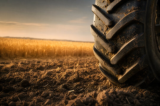 Combine harvester tire tread on dark soil close up blurry harvest field background heavy machinery space
