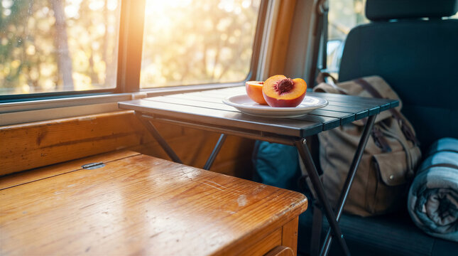 Sliced peach on plate beside window inside camper van. Travel, road trip, camping, healthy eating, adventure.