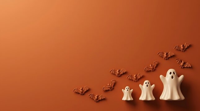 Three cute little ghost figurines with a swarm of small bats on a solid orange background