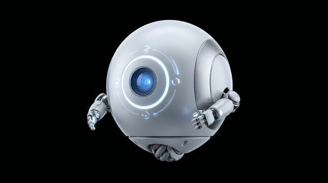 Robot Assistant Standing with Outstretched Arms, a Futuristic Concept Design. Metallic Texture and Blue Glowing Eyes.