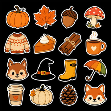 Set of cute autumn stickers featuring pumpkin, fox, squirrel, warm sweater and seasonal elements