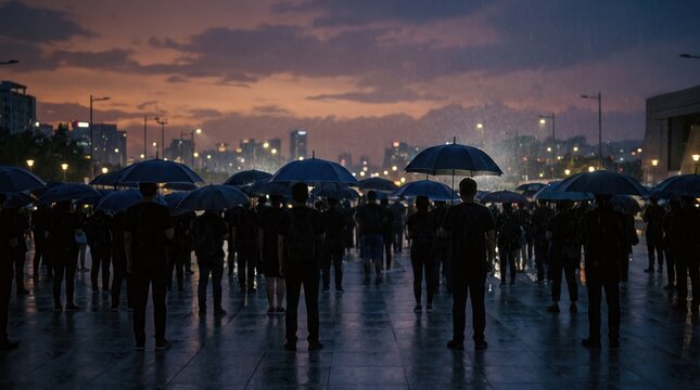 A large crowd of people walking with umbrellas in the rain at dusk, with city lights in the background.