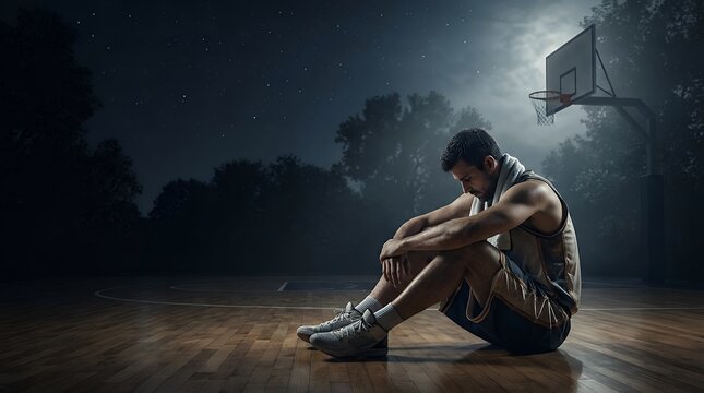 A basketball player sitting on the court after a game bathed in the soft gentle light of the moon taking a moment for peaceful reflection and recovery under the night sky basketball player athlete
