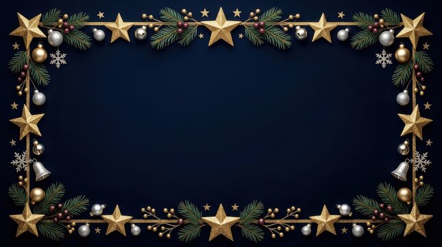 Christmas frame with golden stars, pine branches, and ornaments on a dark blue background