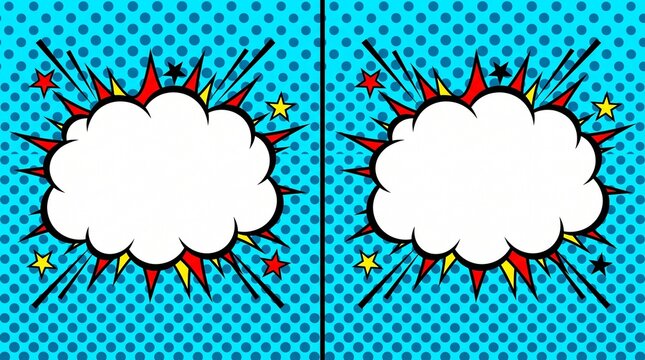 Empty comic speech bubbles featuring vibrant red yellow stars against a bright blue dotted background