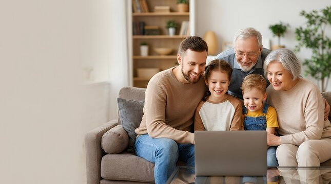 A close-knit family gathered around a computer looking at the screen together likely browsing online or shopping for items as a group family parents mother father kids children together bonding
