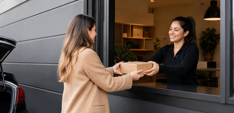 Drive-through Food Pickup: A woman receives a food package from an employee through a service window, highlighting convenience and efficient service.