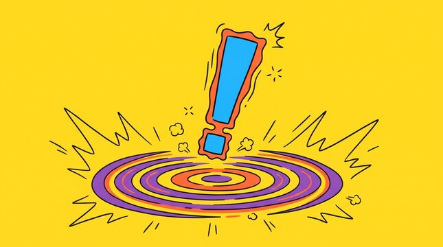 Vibrant exclamation mark symbol rendered in bold comic book style art with swirling ripple impact effects