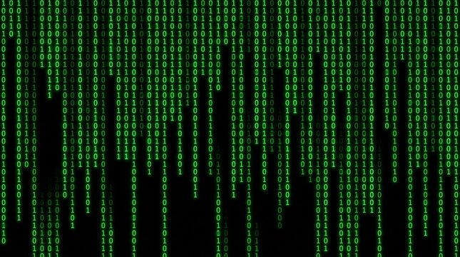 Glowing green binary code numbers cascading down a dark black background in high definition detail
