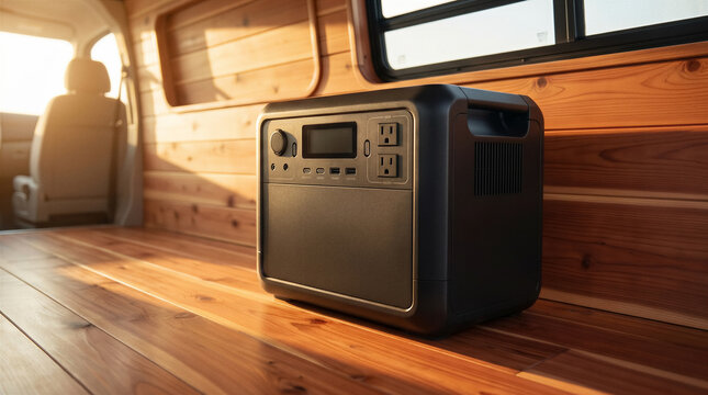 Portable power station sitting on wooden floor inside camper van. Travel, adventure, off grid, camping, mobile lifestyle.