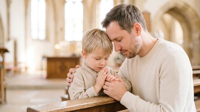 Father and young son praying together in a church pew. Man and little boy with closed eyes and clasped hands in prayer. Christian family faith concept