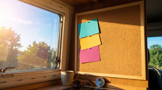 Cork board with colorful postcards pinned inside camper van. Travel, road trip, adventure, vacation planning, organization.