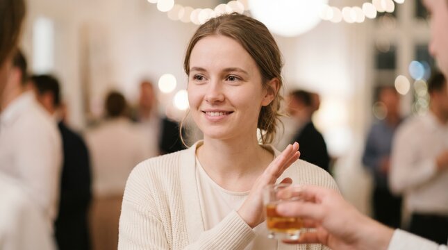 Young woman politely declining a glass of alcohol at a social gathering. Sobriety and healthy choices concept. Female guest refusing a drink at a party