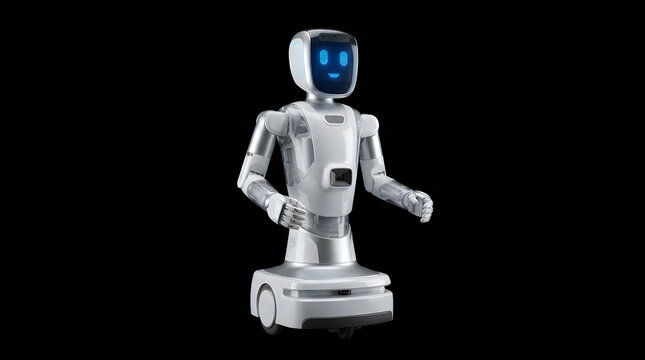 Robot Scanning Retail Products with a Focused Blue Light. Futuristic Automation Concept for Modern Commerce