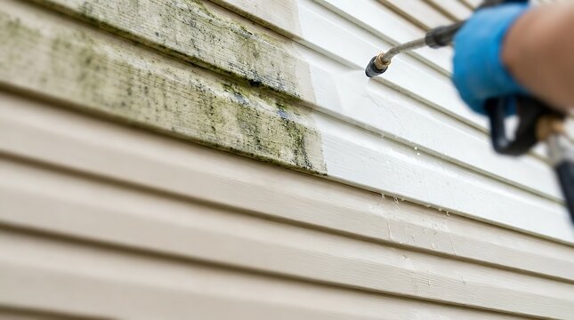 A detailed close-up graph of a residential exterior wall with vinyl siding showing a clear contrast between the uncleaned moldy section and the area where mold is being actively cleaned off. mold