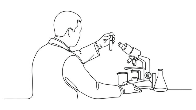 Continuous one line drawing of a scientist working in a laboratory with a microscope.