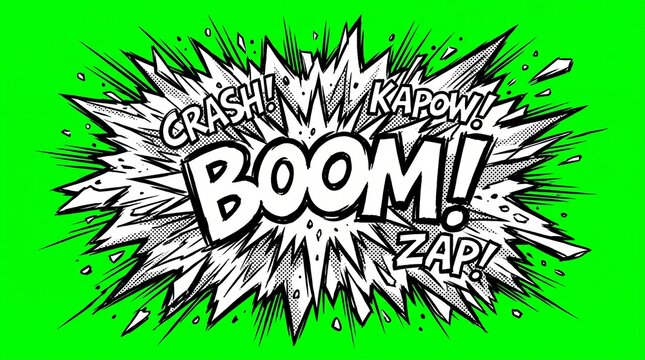 Comic book style speech bubble featuring energetic boom and crash sound effects on bright green background