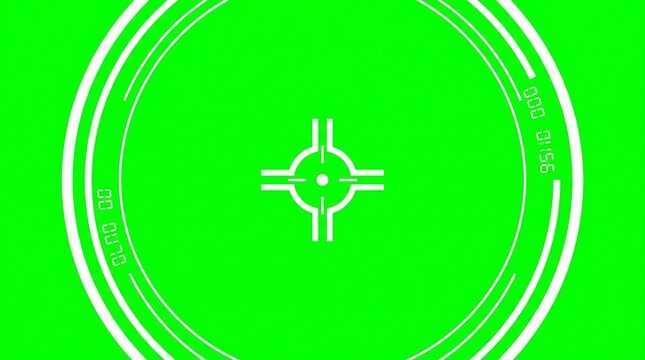 Digital targeting sight interface with white circular geometric overlays isolated against a vibrant green screen background