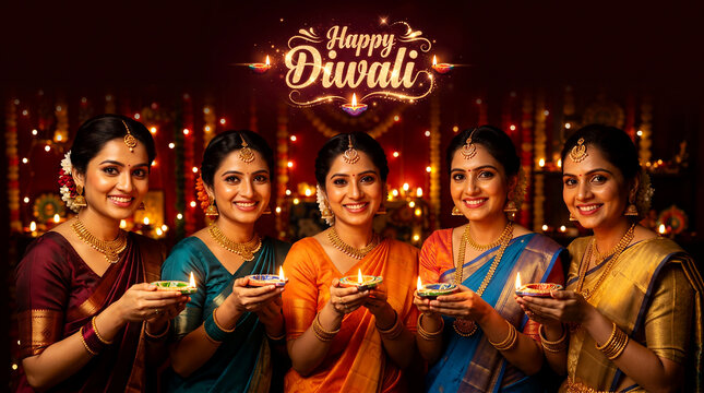 Beautiful Indian women with saree and golden jewelry holding a Diya lamp, Diwali Festival celebration, colorful Diwali Greeting card, with 'Happy Diwali' text