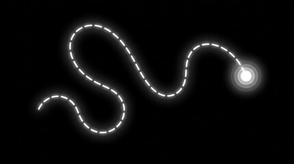 Glowing dashed line path follows a winding trajectory leading toward a bright circular light point marker © Short World 