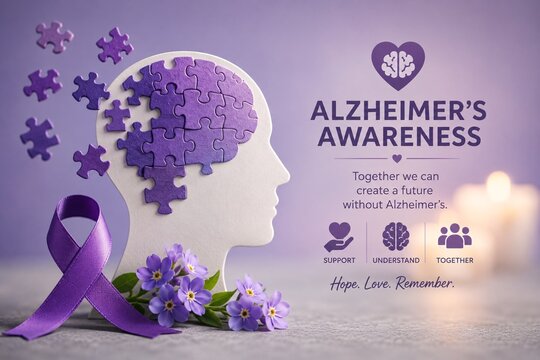 Alzheimers awareness month concept with purple brain puzzle and ribbon