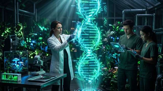 Scientists examining plant genetics with a glowing DNA hologram in a greenhouse laboratory