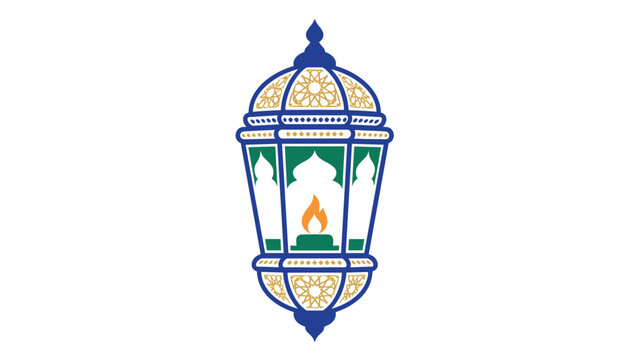 Ornate traditional Islamic fanous lantern decorated with geometric patterns in blue, gold, and green for Ramadan celebration.