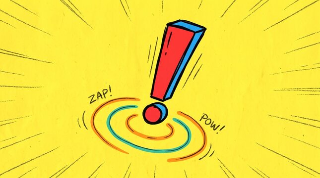 Vibrant red exclamation mark icon featuring hand drawn doodle style art on bright yellow textured background