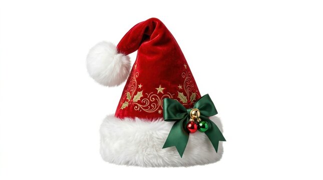 Festive red velvet santa claus hat with white faux fur trim, decorated with a green ribbon bow, gold embroidery, and small christmas ornaments