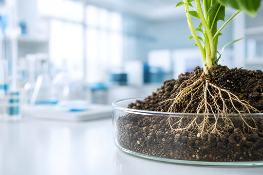 Plant root system soil sample laboratory test close up blurry agritech research background biology science copy space