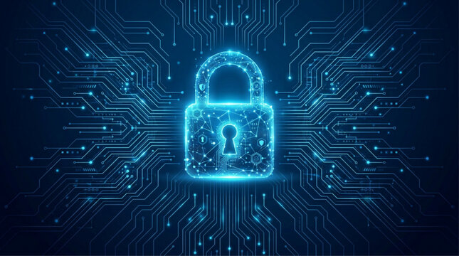Glowing Digital Padlock Symbol on Blue Microchip Circuit Board Background