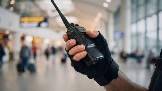 Security guard holding a walkie talkie in a busy airport